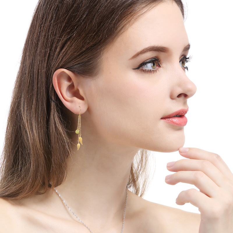 S925 plata esterlina borla pendientes de las mujeres vintage oro antiguo artesanía cuentas redondas verde Jade hoja pendientes de oro arena