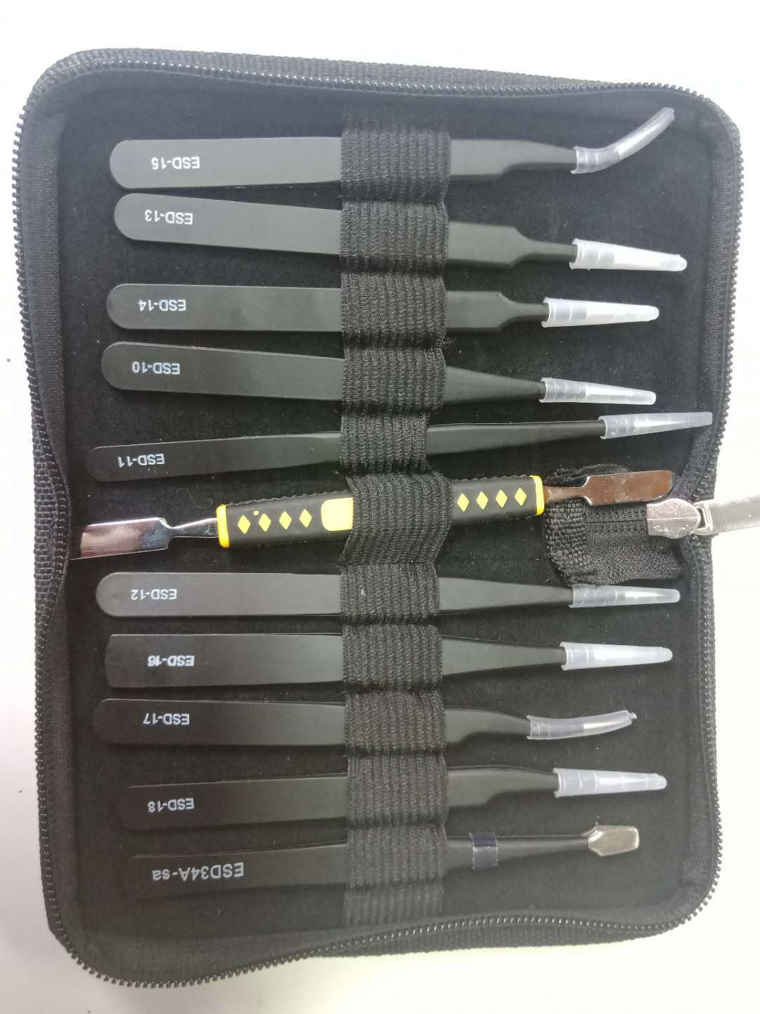 ESD不锈钢黑色镊子皮质套装拆机直头弯头尖头燕窝夹子套装