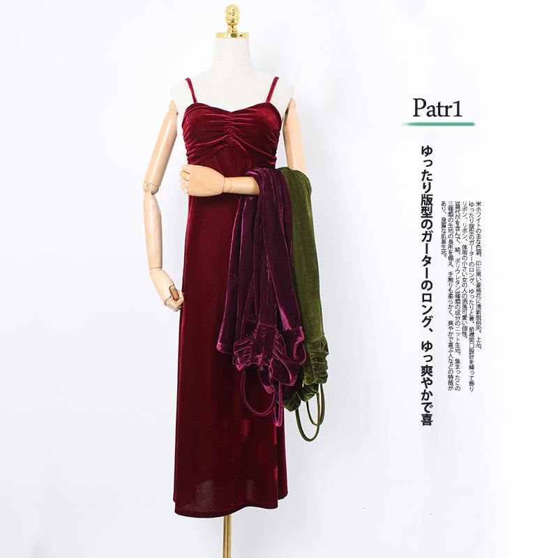 金丝绒连衣裙2021春季新款复古 法式自制女装 丝绒吊带裙一键铺货