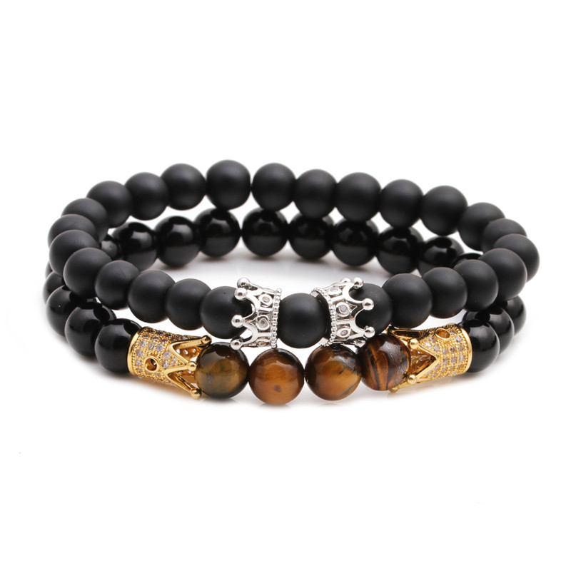 new hot sale frosted bright stone stone tiger eye stone crown beaded DIY bracelet set wholesale niha