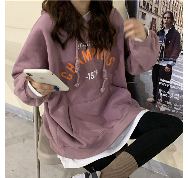 Felpa con cappuccio sottile con stampa di lettere in stile coreano, autunno 2025, da donna, versatile e ampia, per studenti_voghion.com