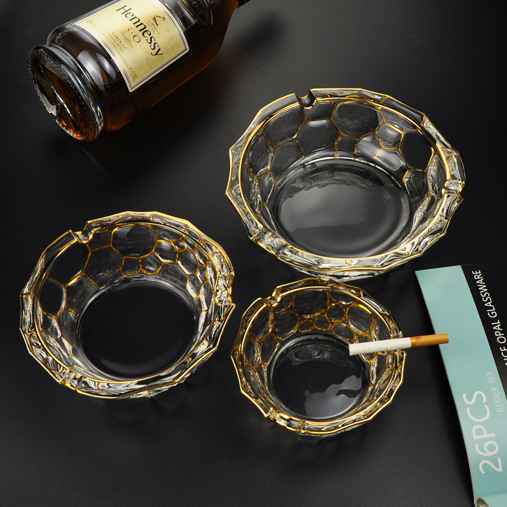 跨境雪茄烟缸水晶玻璃描金烟灰缸办公室客厅家居摆件大号烟缸批发