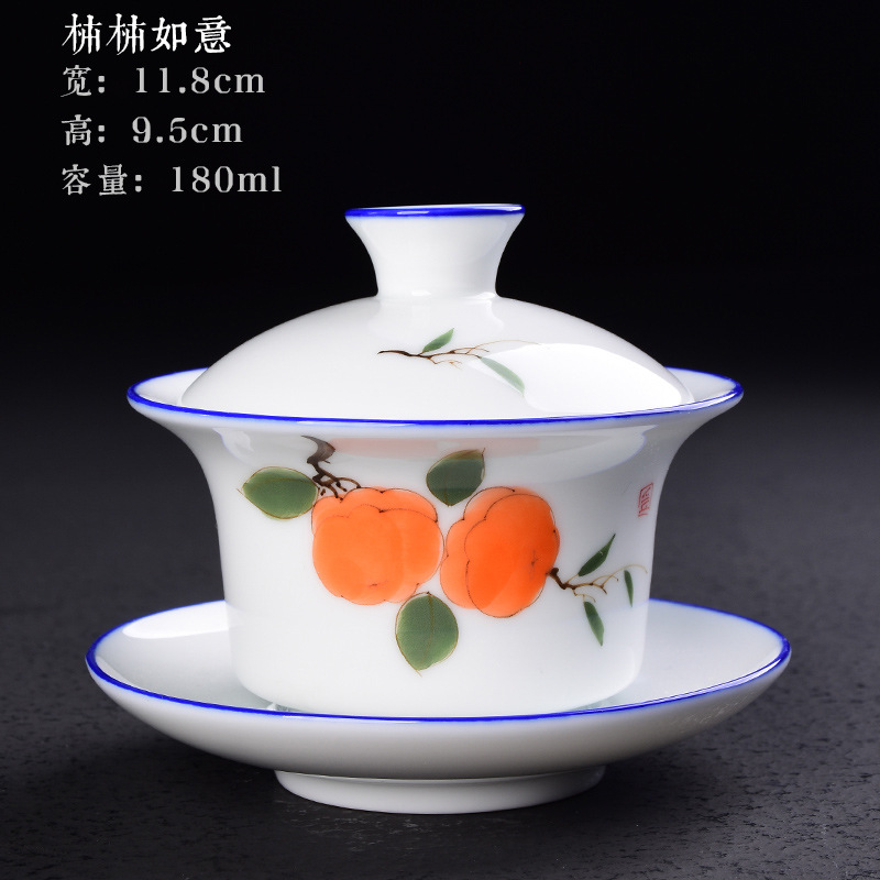 Cubierta pintada a mano Tazón Taza de té de cerámica juego de té de Kung Fu hogar tamaño pequeño Tazón de té Taza blanca tostada de porcelana Taza de té de tres piezas cubierta Tazón