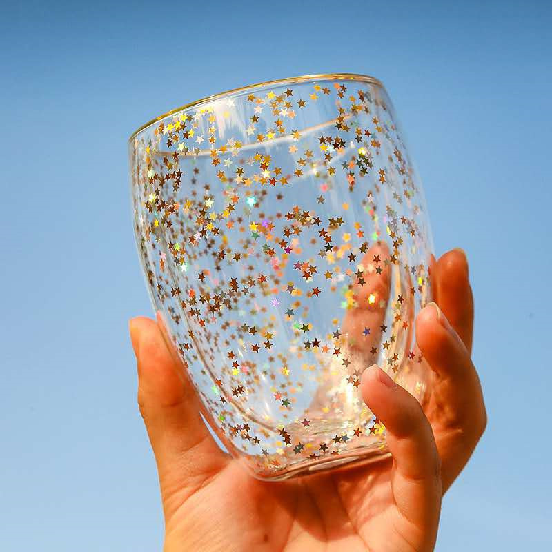 Copa de bebida cielo estrellado brillante de doble capa de vidrio borosilicato de doble capa de vidrio láser estrella de lentejuelas