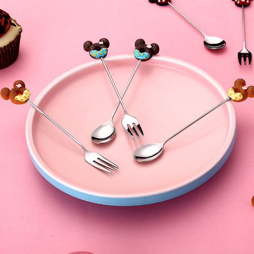 304不锈钢儿童水果勺卡通餐具甜心叉喝粥勺可爱萌趣树脂勺子2件套