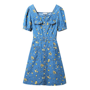 韩版女装2020夏季新款潮时尚气质法式方领蓝色a字牛仔印花连衣裙