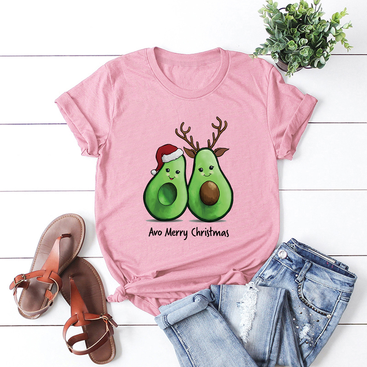 short-sleeved t-shirt women s top Merry Christmas avocado NSSN4171