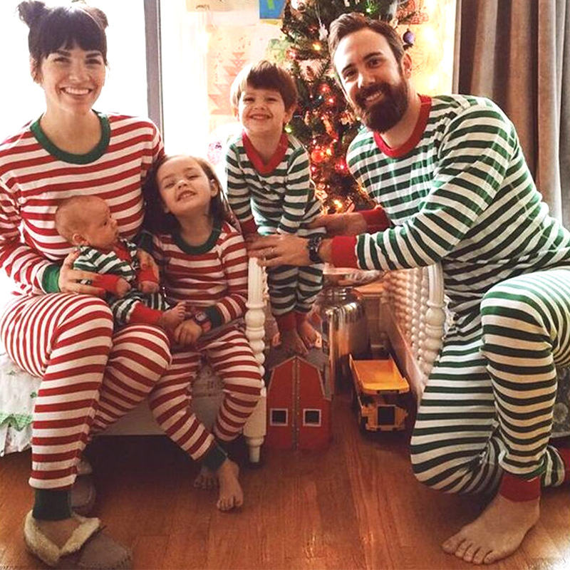 圣诞家庭装条纹纯棉男女儿童居家服套装睡衣Children's pajamas