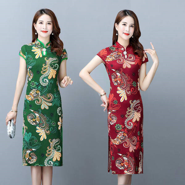 Middle-aged Mom Printed Slim-fit Elegant 2022 Summer Dress Mid-length Middle-aged and Elderly Women's Summer Short-sleeved Dress