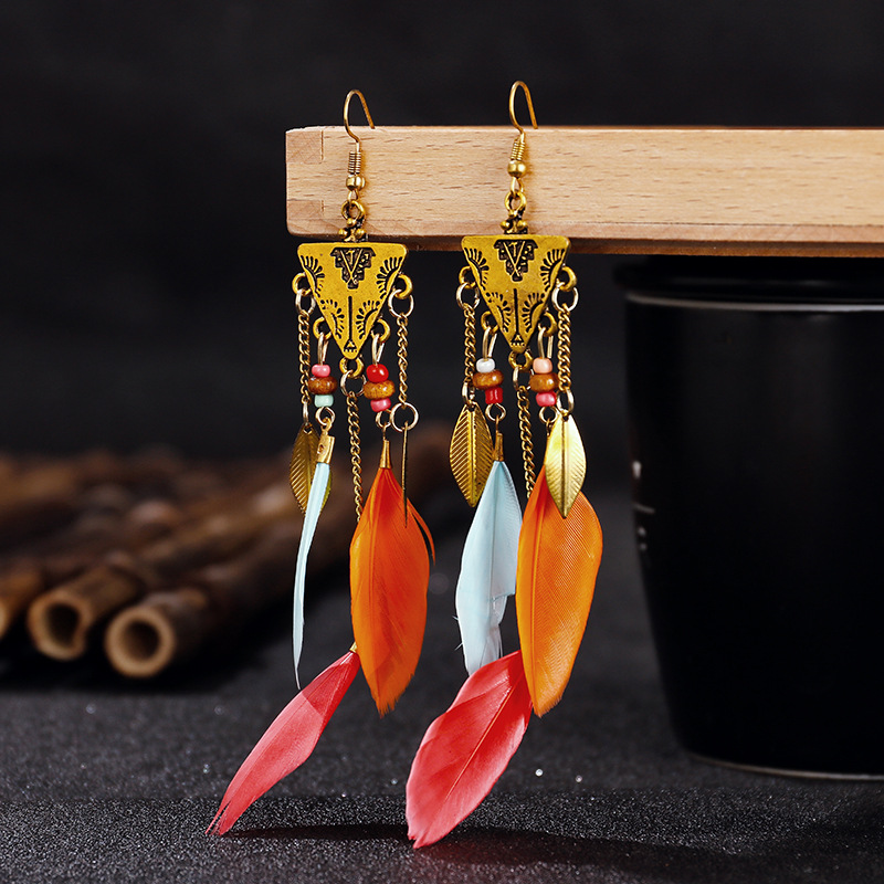 Inverted Triangle Exotic Long Feather Female Bohemian Leaf Tassel Metal Earrings display picture 5