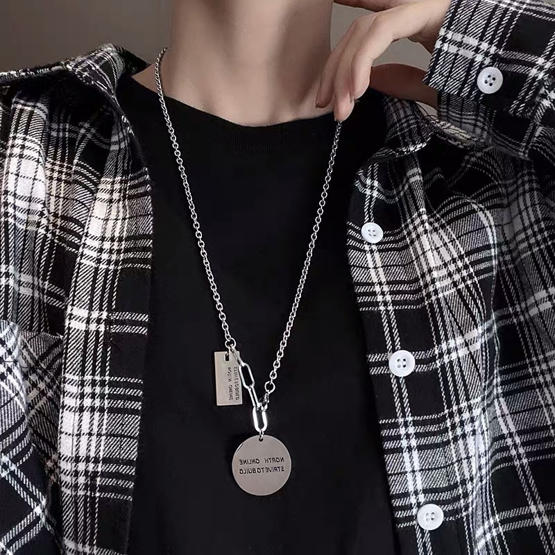 钛钢不掉色圆牌项链女潮流网红街头嘻哈ins冷淡风吊坠t恤配饰品男|ms