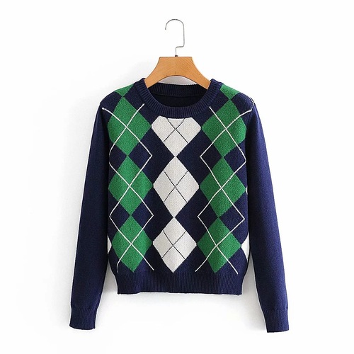 Diamond grid turtleneck sweater women's Instagram style casual blogger loose knit top versatile top