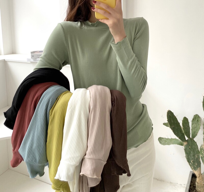 Korean style flying long sleeve solid color T-shirt Spring and Autumn New lace half turtleneck bottoming shirt stretch plus size top