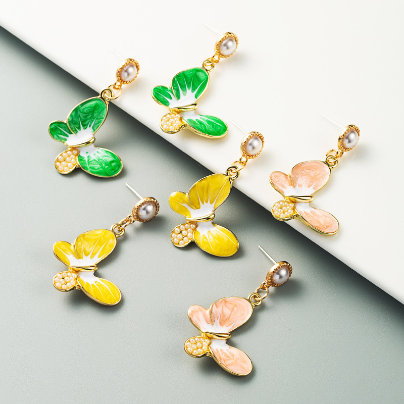 S925 Silver Needle Earrings Korean Alloy Drop Oil Inlaid Pearl Butterfly Earrings For Girl Fashion Heart Earrings display picture 2