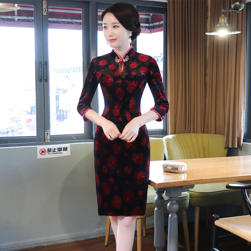 網紅經典改良旗袍春秋女七分袖加厚複古修身旗袍連衣裙中長款禮服
