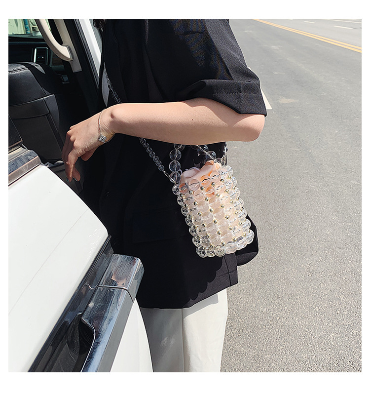 Crafts Transparent Beads Dinner Bag Beaded Bag Round Barrel Small Handbag Pearl Basket Bag Shoulder Portable display picture 10