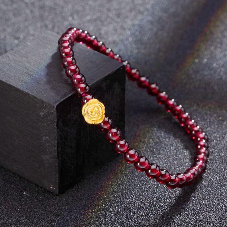 3d硬金玫瑰花石榴石手链天然水晶本命年转运珠单圈手串民族风饰品|ru