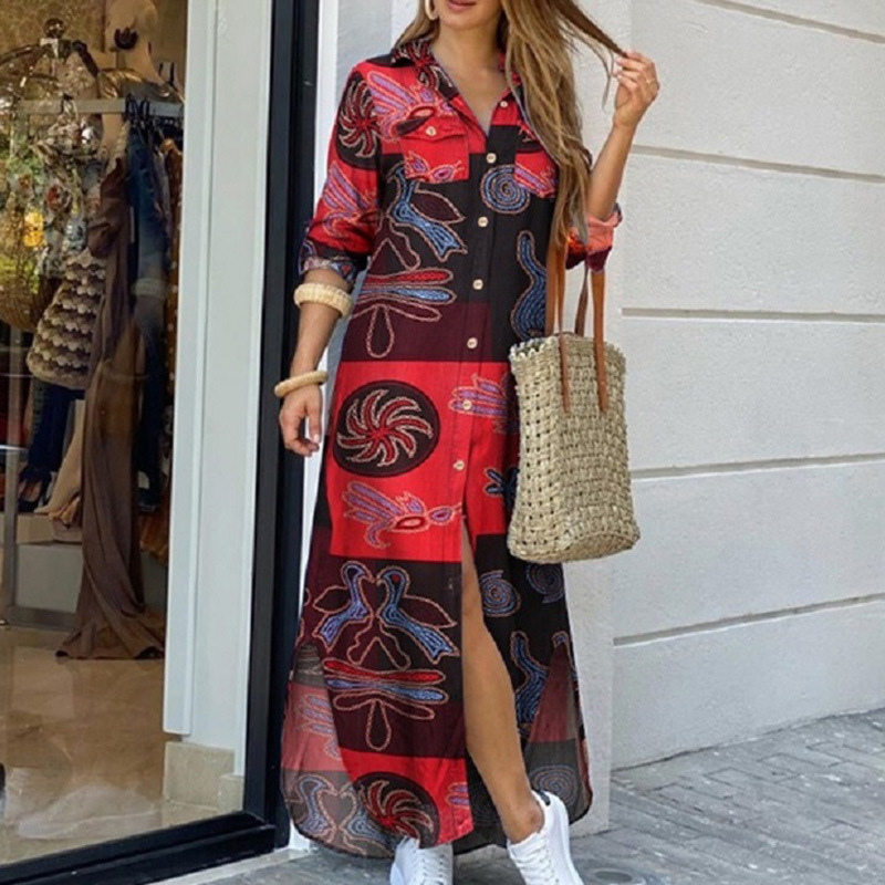 Women's Shirt Dress Fashion Turndown Printing Long Sleeve Geometric Maxi Long Dress Street display picture 5