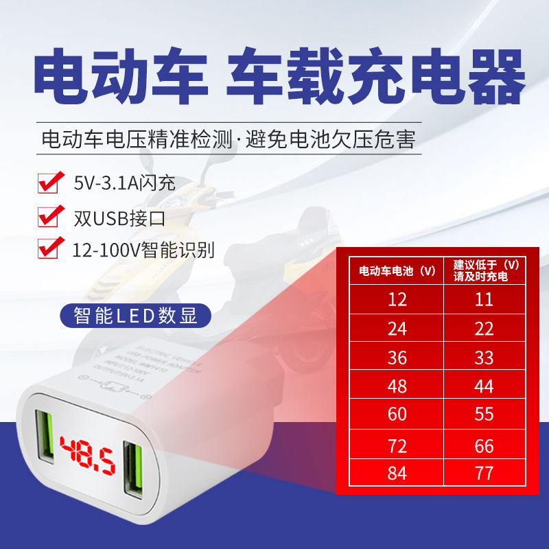 新款電瓶車電動車手機充電器數顯雙USB 12-100V轉5V3A轉接頭