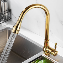 All-copper gold kitchen faucet pull-out sink faucet hot and cold household telescopic rotating sink faucet