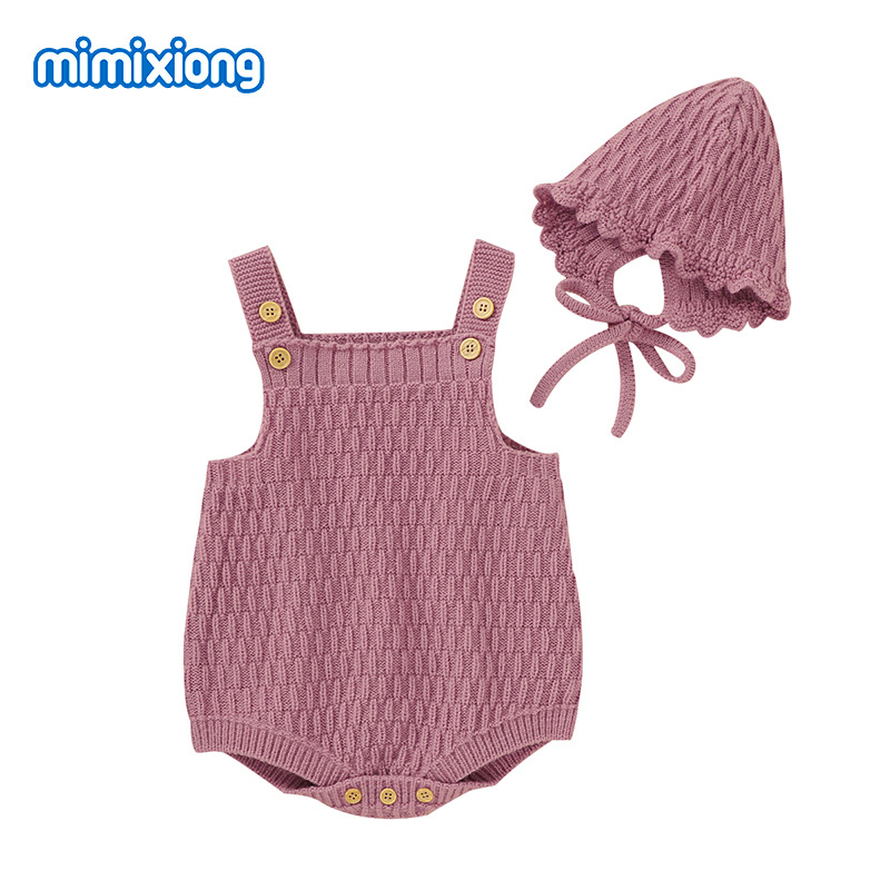 ins熱賣款秋季嬰幼兒純色吊帶連體包屁哈衣+木耳邊保暖帽套裝