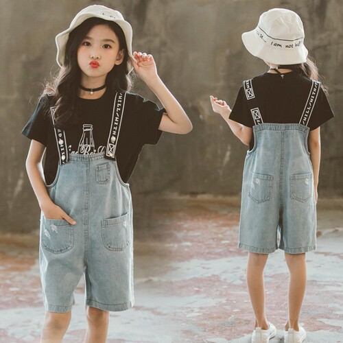 Girls Suit Summer Fashion Korean Printed Short Sleeve T-Shirt Denim Overalls Shorts Two-piece Set  Children's Clothing