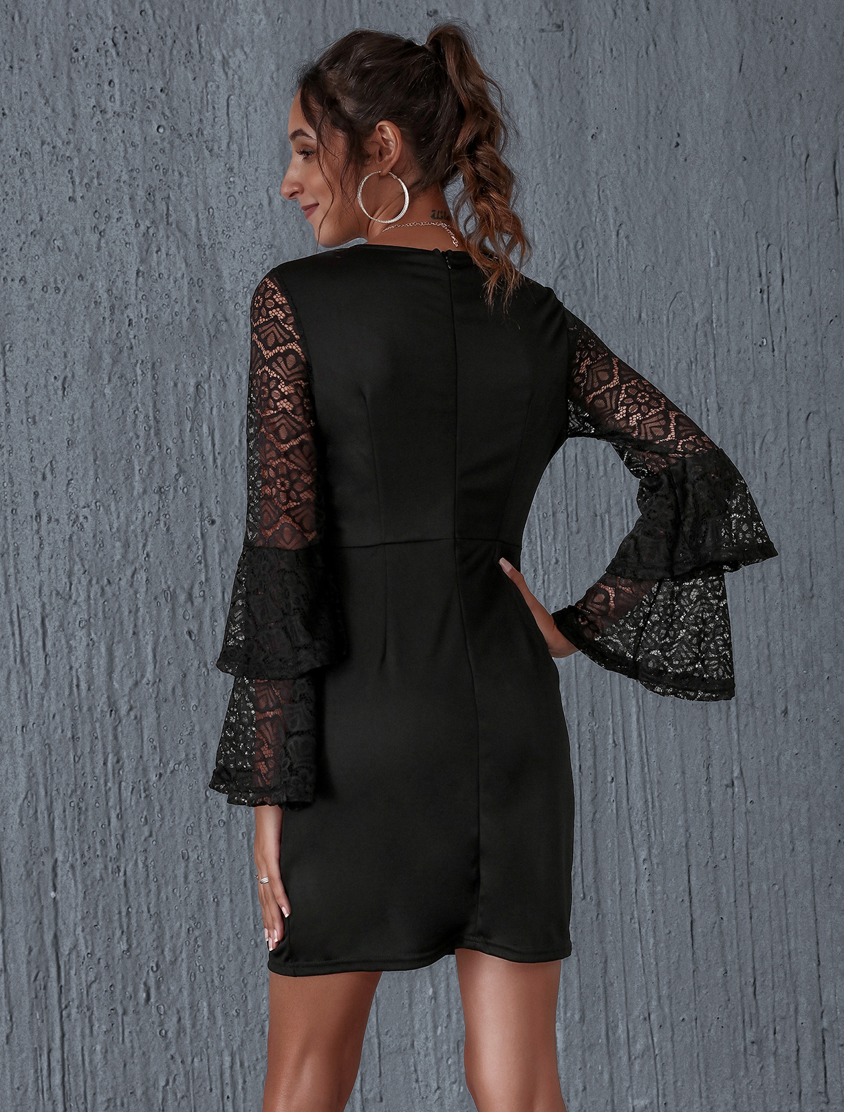  Lace Trumpet Sleeve Long Sleeve Dress  NSAL1913