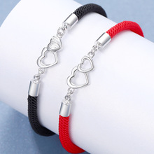原创双心手链男女情侣一对黑红绳编织手绳学生时尚礼物一件代发