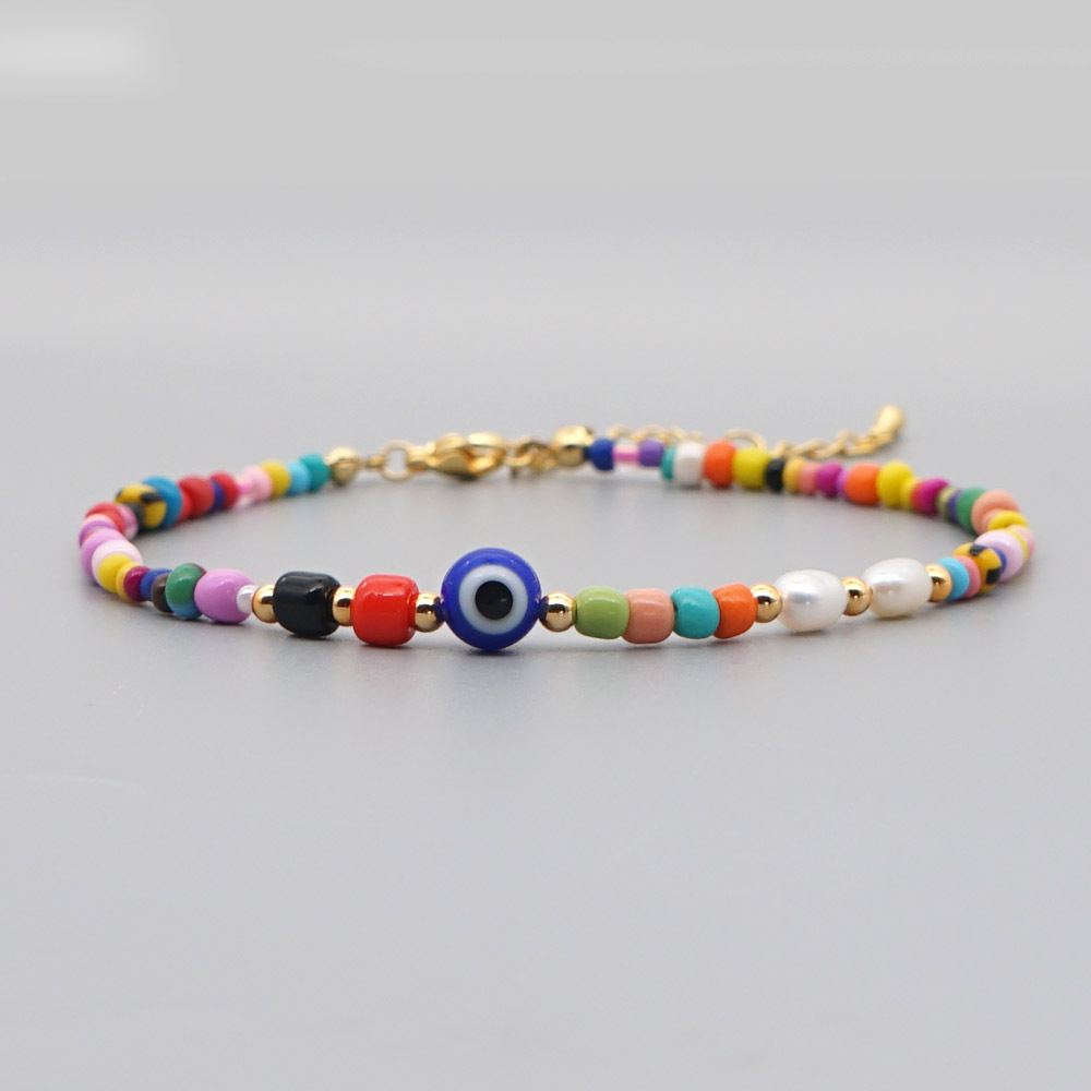 Bohemian Ethnic Style Eye Beads Rainbow Rice Beads Baroque Natural Freshwater Pearl Anklet Women display picture 3