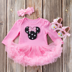 跨境生日卡通寶寶長袖哈衣裙鞋子三件套0-2歲女寶寶公主裙 娃娃衣