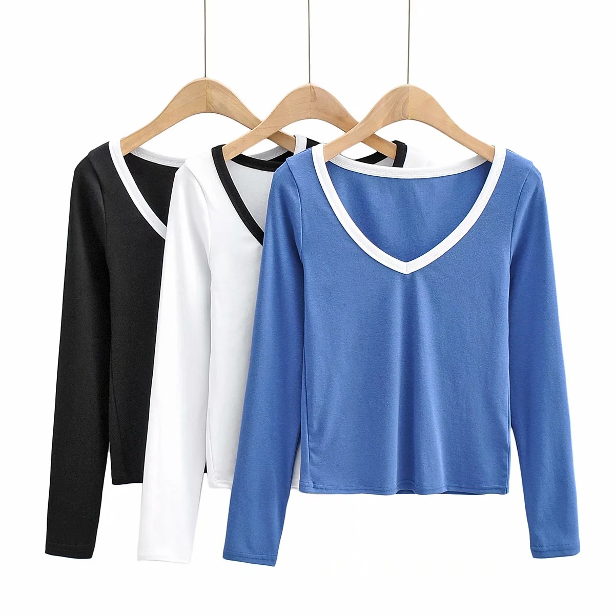 V-neck color matching long-sleeved T-shirt  NSHS43538