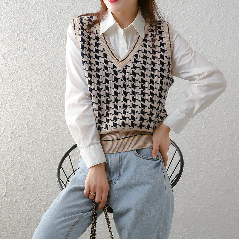 French Retro Wool Vest Women's V-neck Autumn and Winter Wool Houndstooth Stitching Thick All-match Pullover Vest