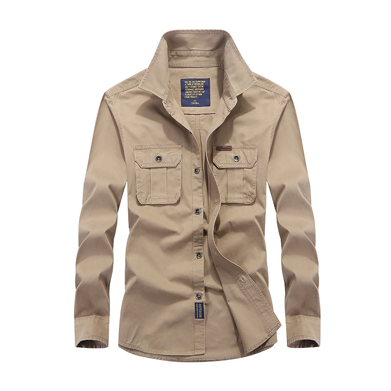 New long sleeve shirt men's spring and autumn thin cotton lapel shirt military solid color shirt factory direct 7002
