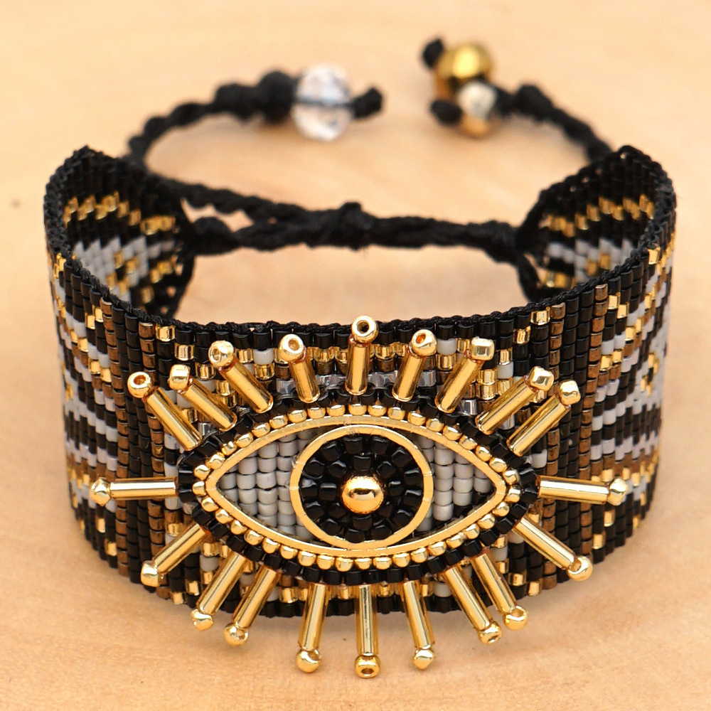 Retro Ethnic Turkish Evil Eye Beaded Woven Miyuki Rice Bead Bracelet display picture 2