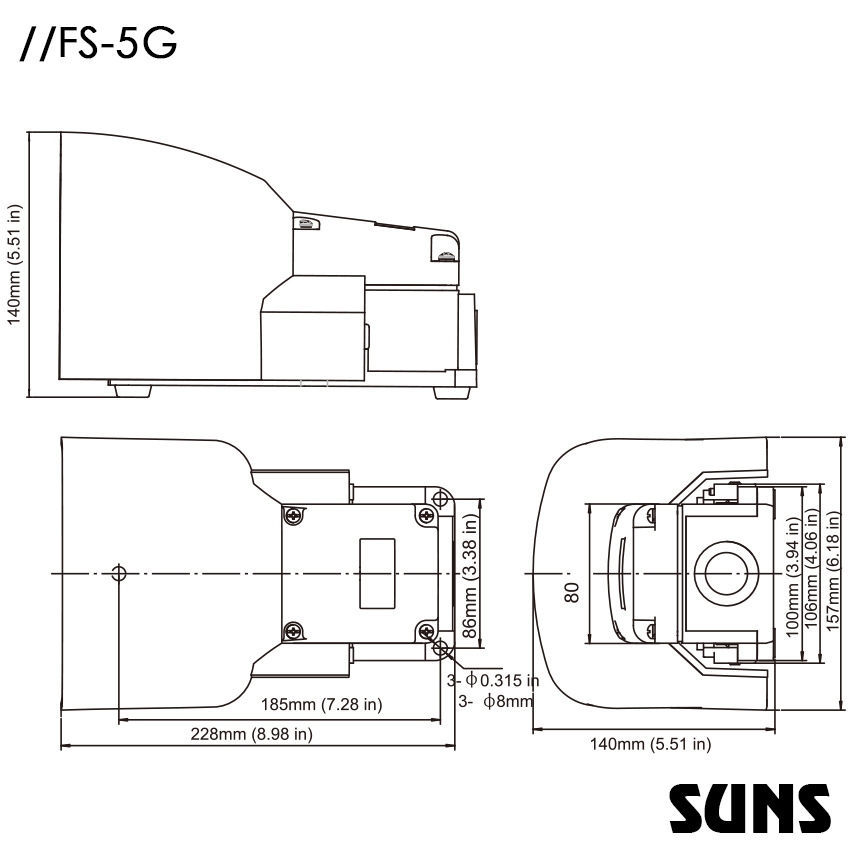 SUNS美国三实工业脚踏开关FS-5G-20重型脚踏开关尺寸图