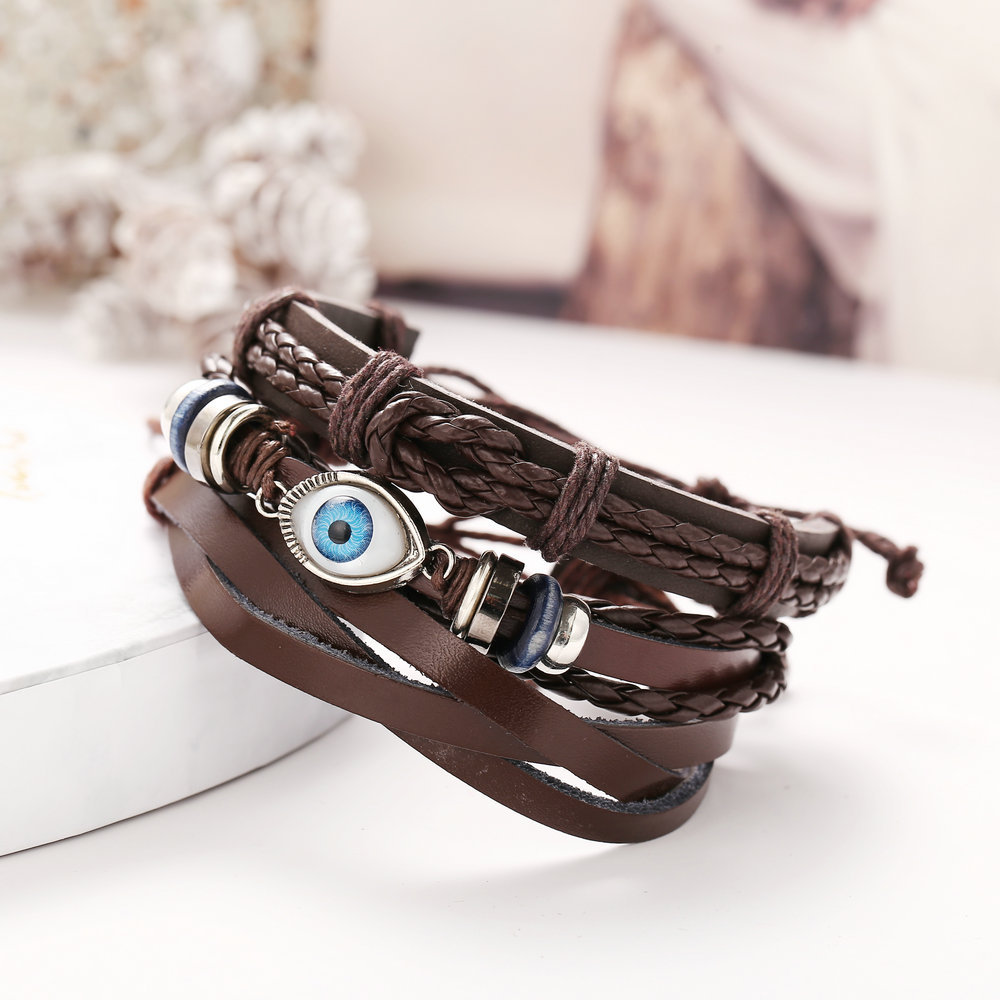 Conjunto De Brazalete De Cuero Trenzado Con Ojo Brazalete Creativo De Estilo Negro Para Hombres display picture 7