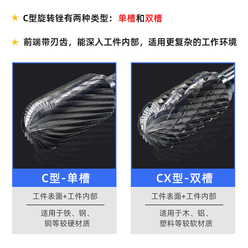 Tungsten steel grinding head carbide rotary file cylindrical head milling cutter metal grinding and engraving single and double groove C type