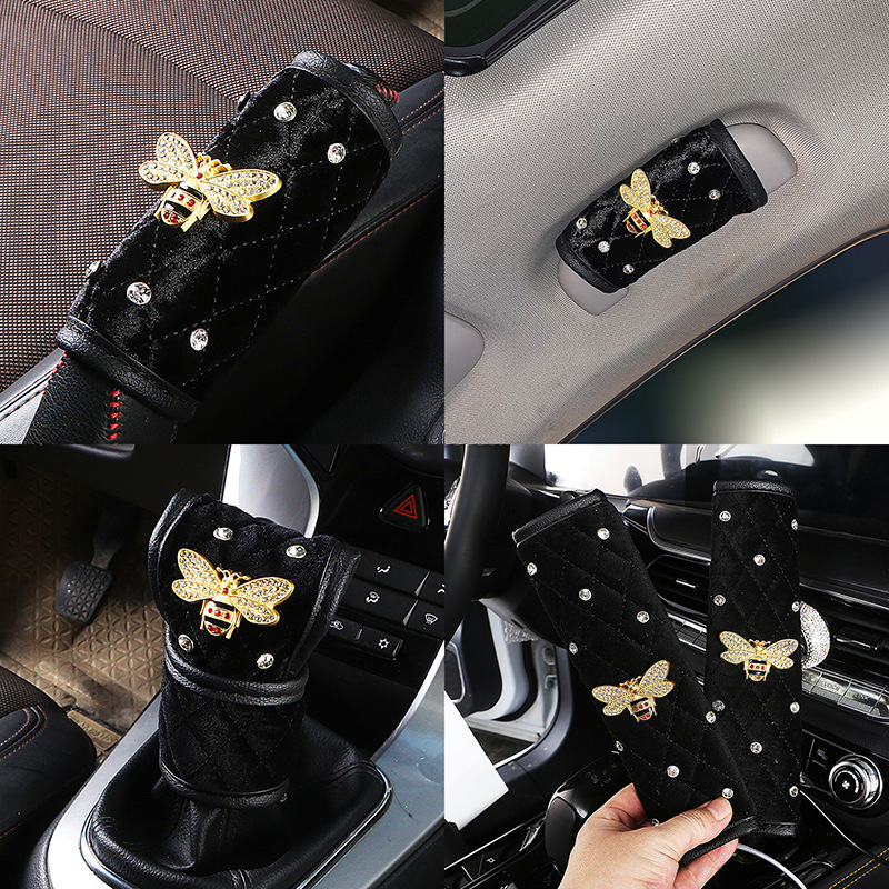 汽車內飾小套飾毛絨鑲鑽手刹排擋位杆把套後視鏡套安全帶護肩冬季