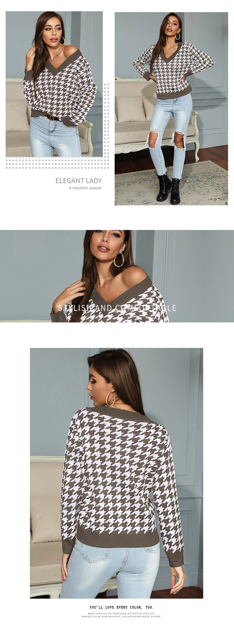 women s long-sleeved houndstooth jacquard v-neck knitted sweater nihaostyles wholesale clothing NSDMB79410