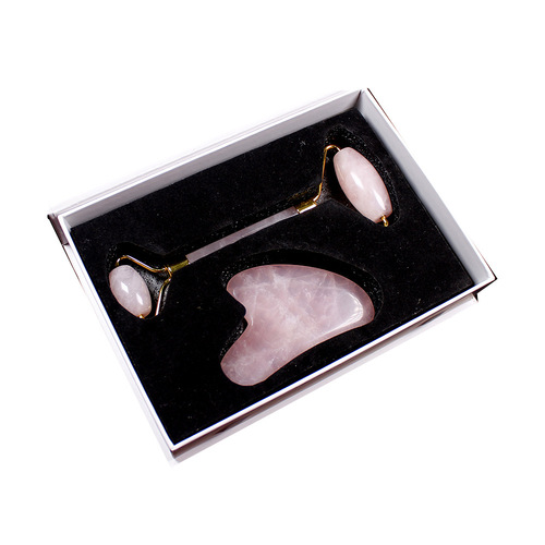 Natural crystal jade semi-precious stone pink crystal roller massager scraping board Xiu jade set gift box beauty face slimming
