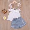 Suit off the shoulder top， perforated denim shorts， fashionable children’s suit