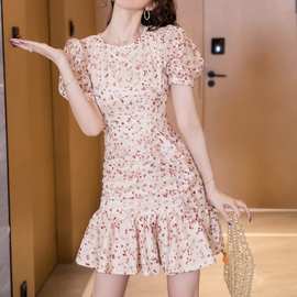 跨境女装2021新款韩版时尚气质egg法式桔梗裙碎花修身性感连衣裙