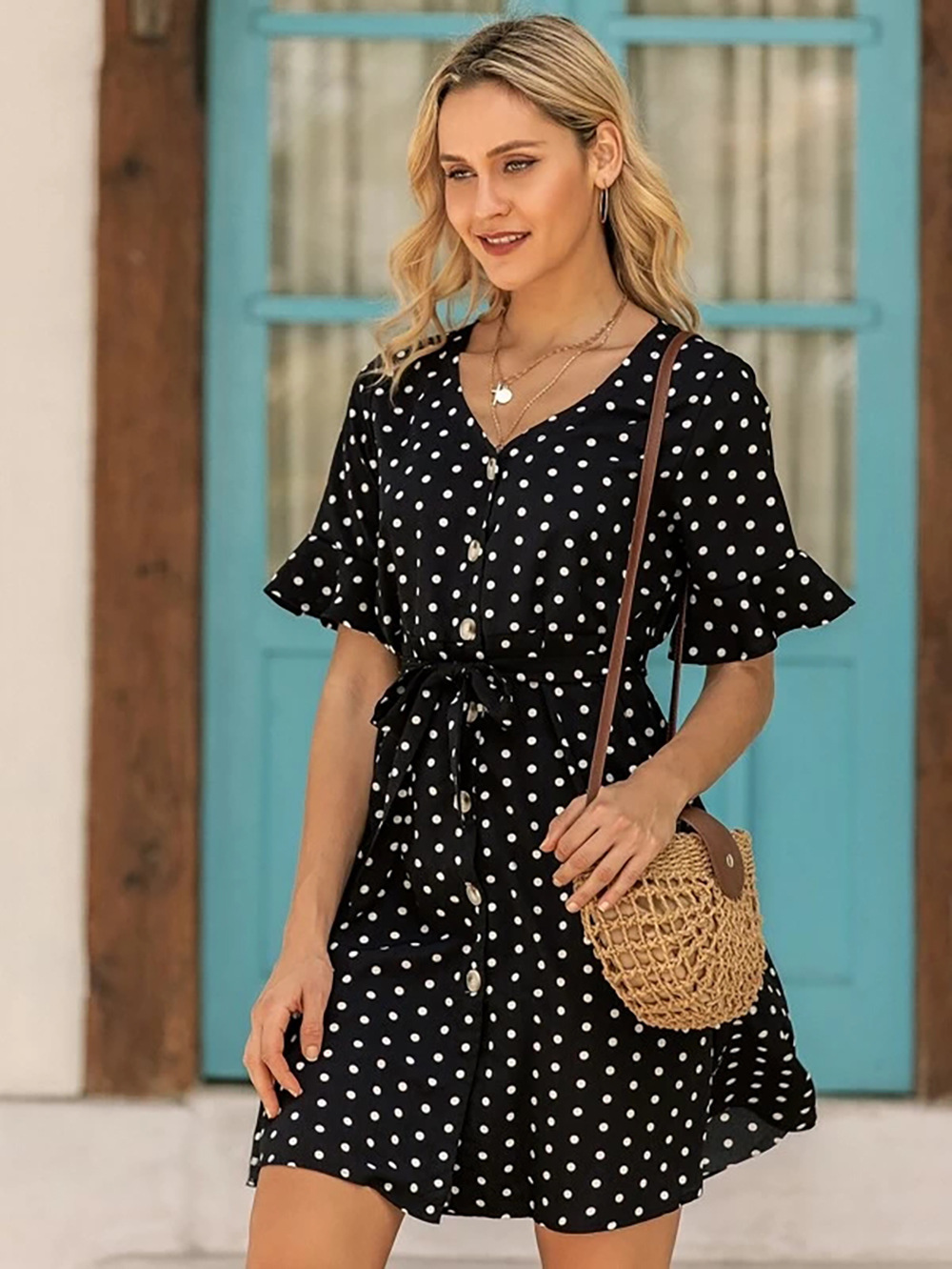 fashion chiffon dress short-sleeved waist slimming casual sweet polka-dot skirt NSDF1559