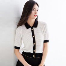 定制春夏季新款女装翻领撞色中袖针织衫女单穿细金线镂空香风上衣