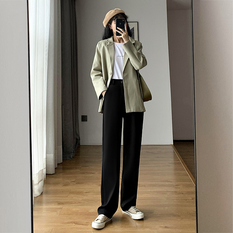 Search trousers female autumn 2021 new high waist loose straight vertical slim casual casual small son mopping wide leg pants