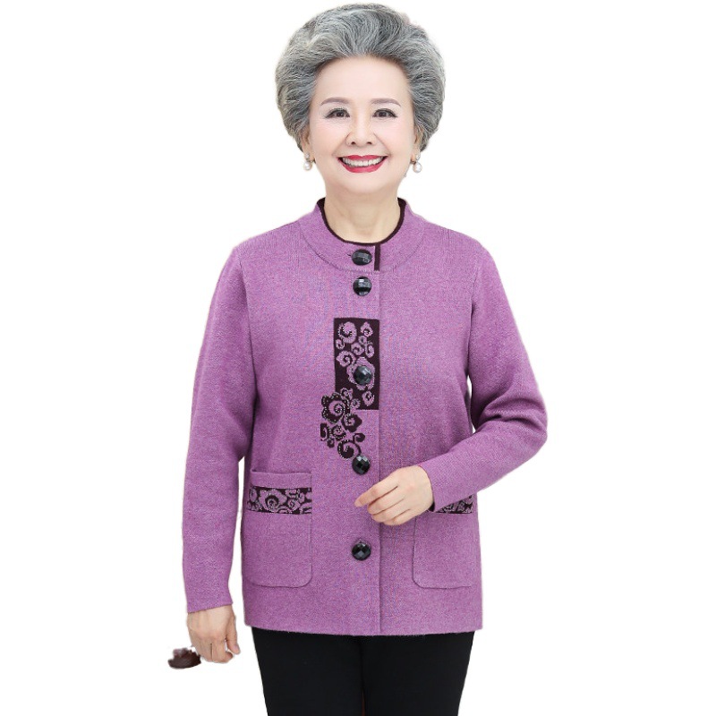 Grandma Autumn Knitted Sweater Cardigan Tang Suit Loose Top Clothes Coat Long Sleeve Fleece-lined Thickened Sweater for the Elderly Mother