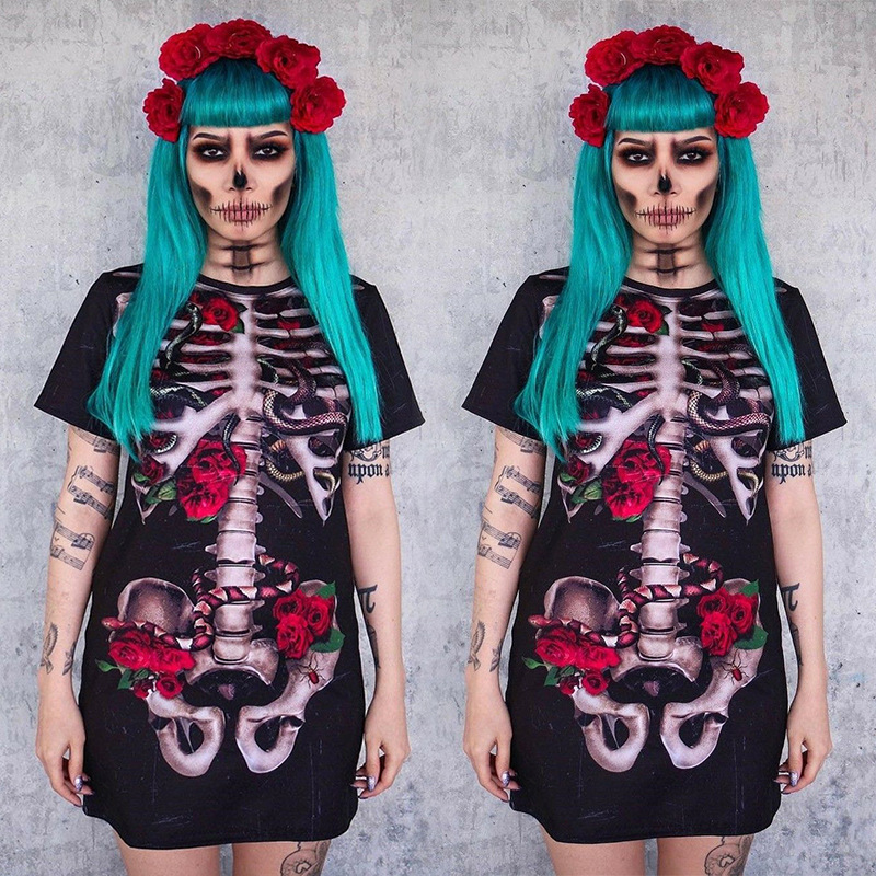 Halloween Cosplay Costumes of Long T-shirt with Skeleton Print
