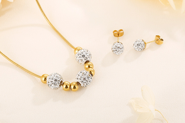 Korean temperament rhinestone small round bead necklace earring set stainless steel steel ball jewel