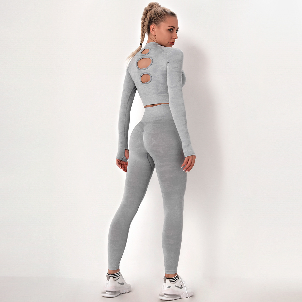 Traje de 2 piezas de camuflaje sin costuras de alta elasticidad para yoga y fitness NSNS14718