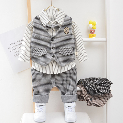 Children's clothing boys' spring and autumn clothing set 2020 new children's baby houndstooth vest three-piece set spring fashion style